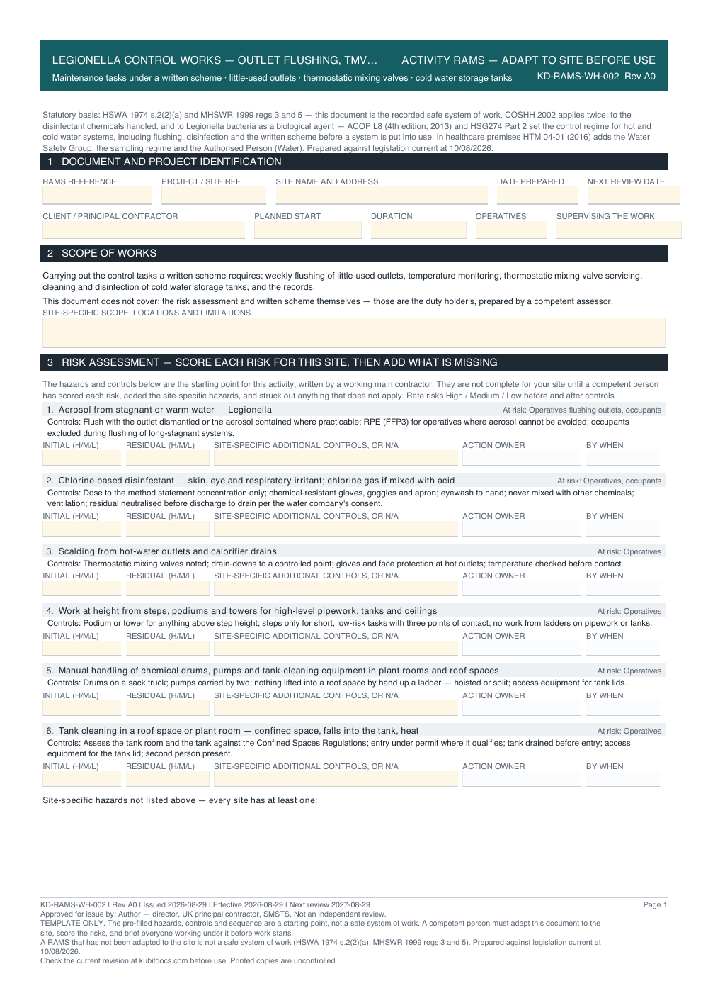 Legionella Control Works — Outlet Flushing, TMV Servicing and Tank Cleaning — page one