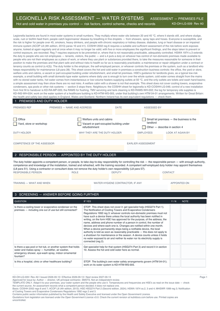 Legionella Risk Assessment — Water Systems — page one