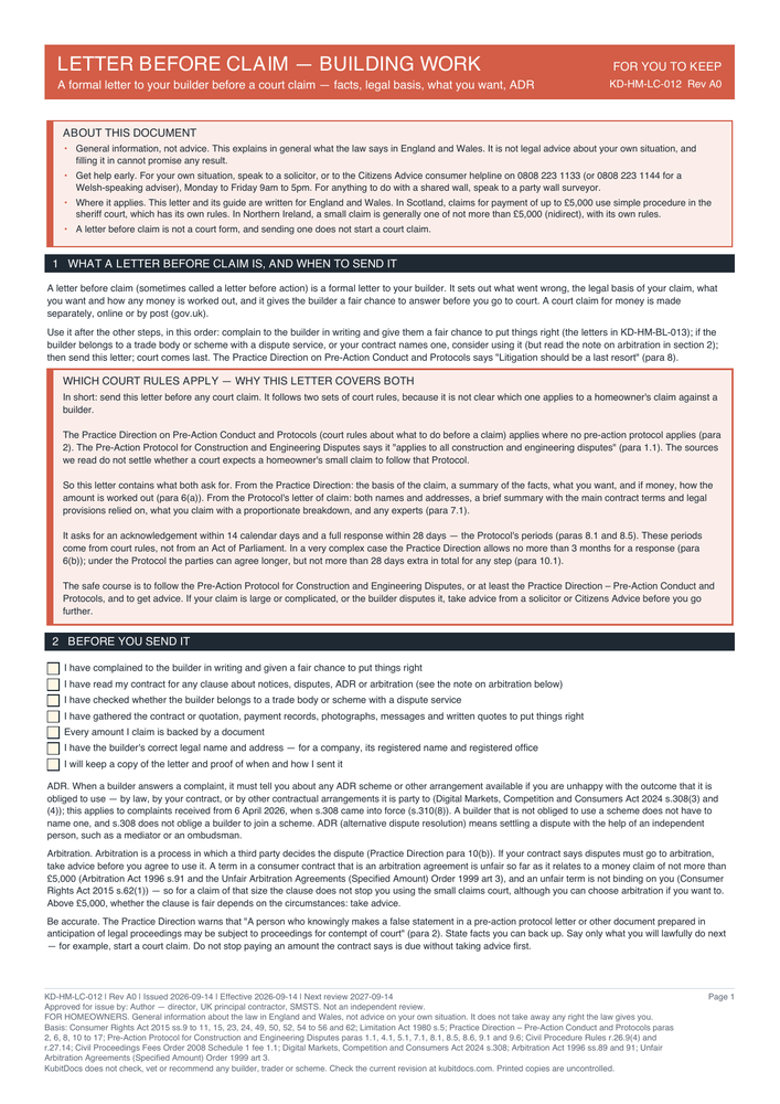 Letter Before Claim — Building Work — page one