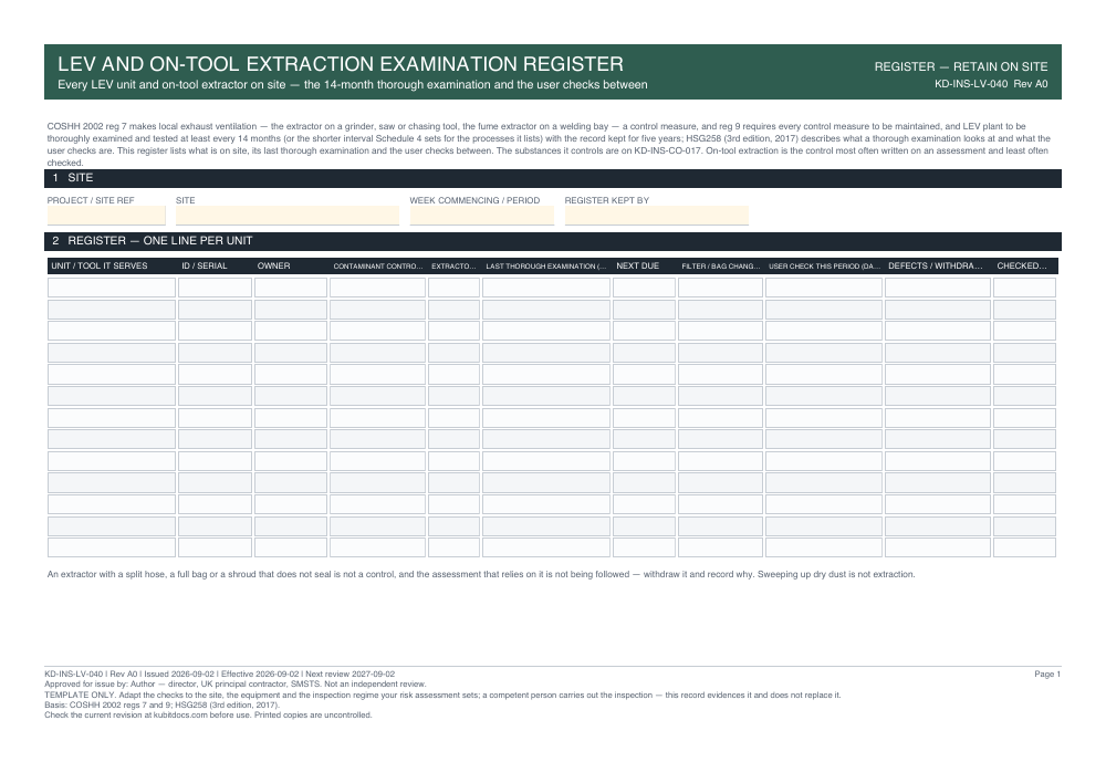 LEV and On-Tool Extraction Examination Register — page one