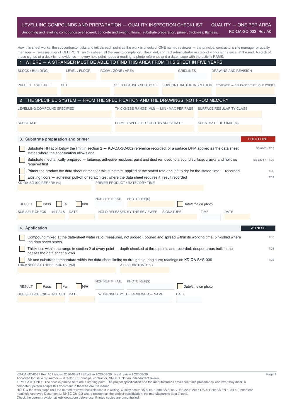 Levelling Compounds and Preparation — Quality Inspection Checklist — page one