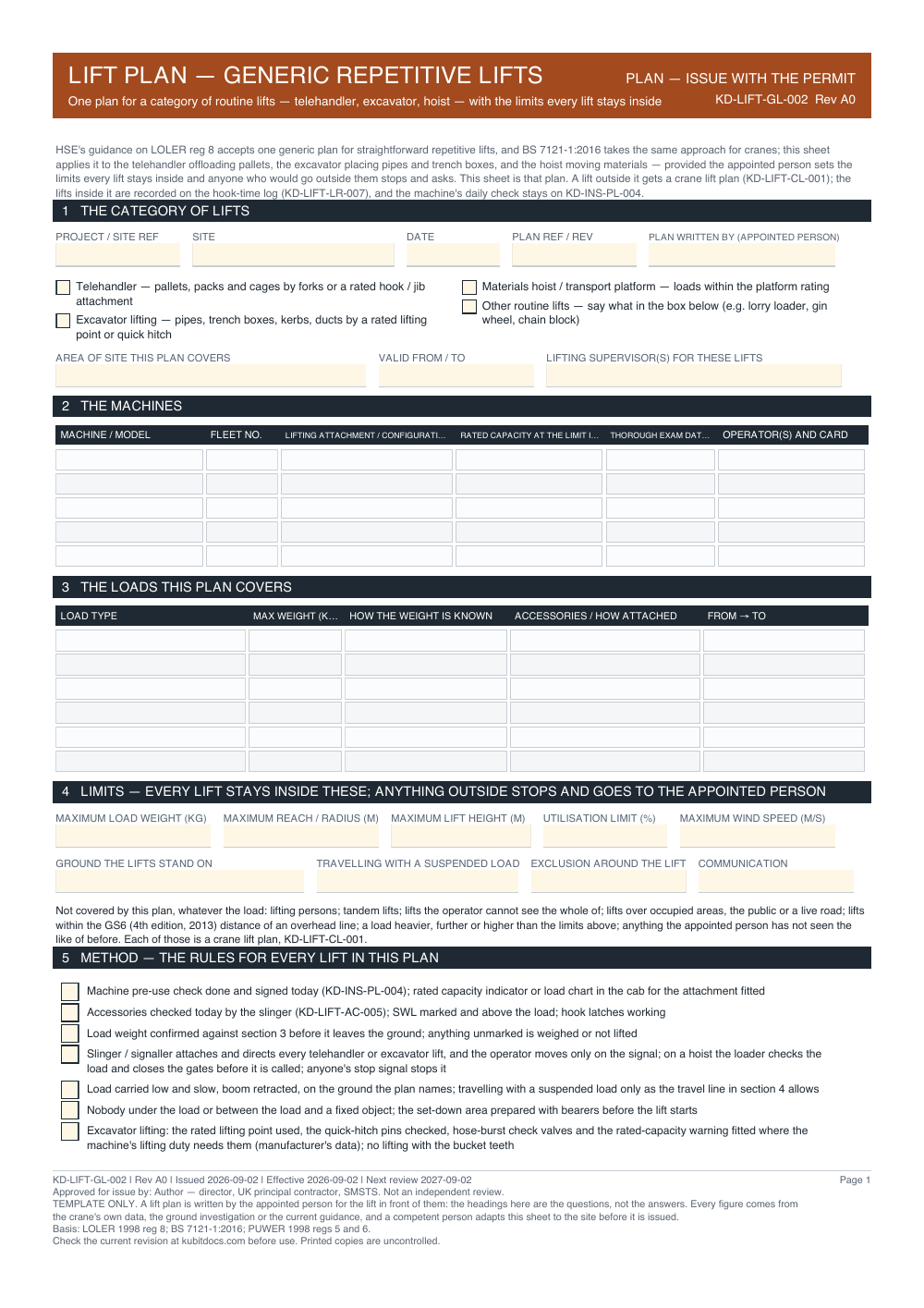 Lift Plan — Generic Repetitive Lifts — page one