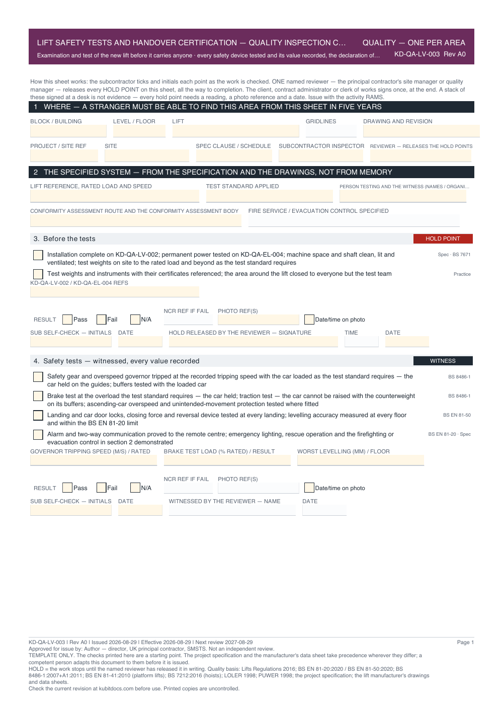 Lift Safety Tests and Handover Certification — Quality Inspection Checklist — page one