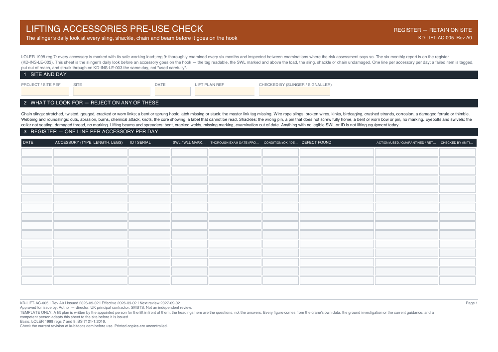Lifting Accessories Pre-Use Check — page one