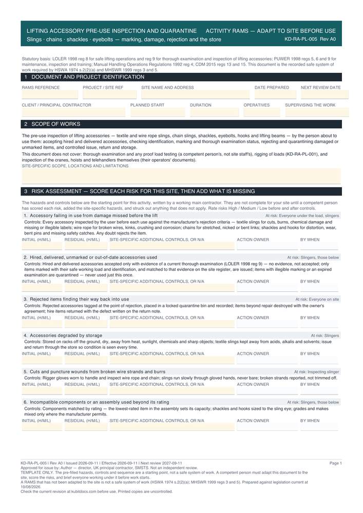 Lifting Accessory Pre-Use Inspection and Quarantine — page one