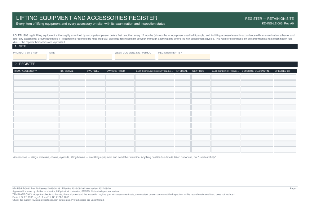 Lifting Equipment and Accessories Register — page one