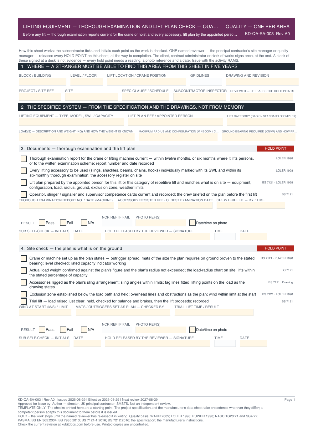 Lifting Equipment — Thorough Examination and Lift Plan Check — Quality Inspection Checklist — page one