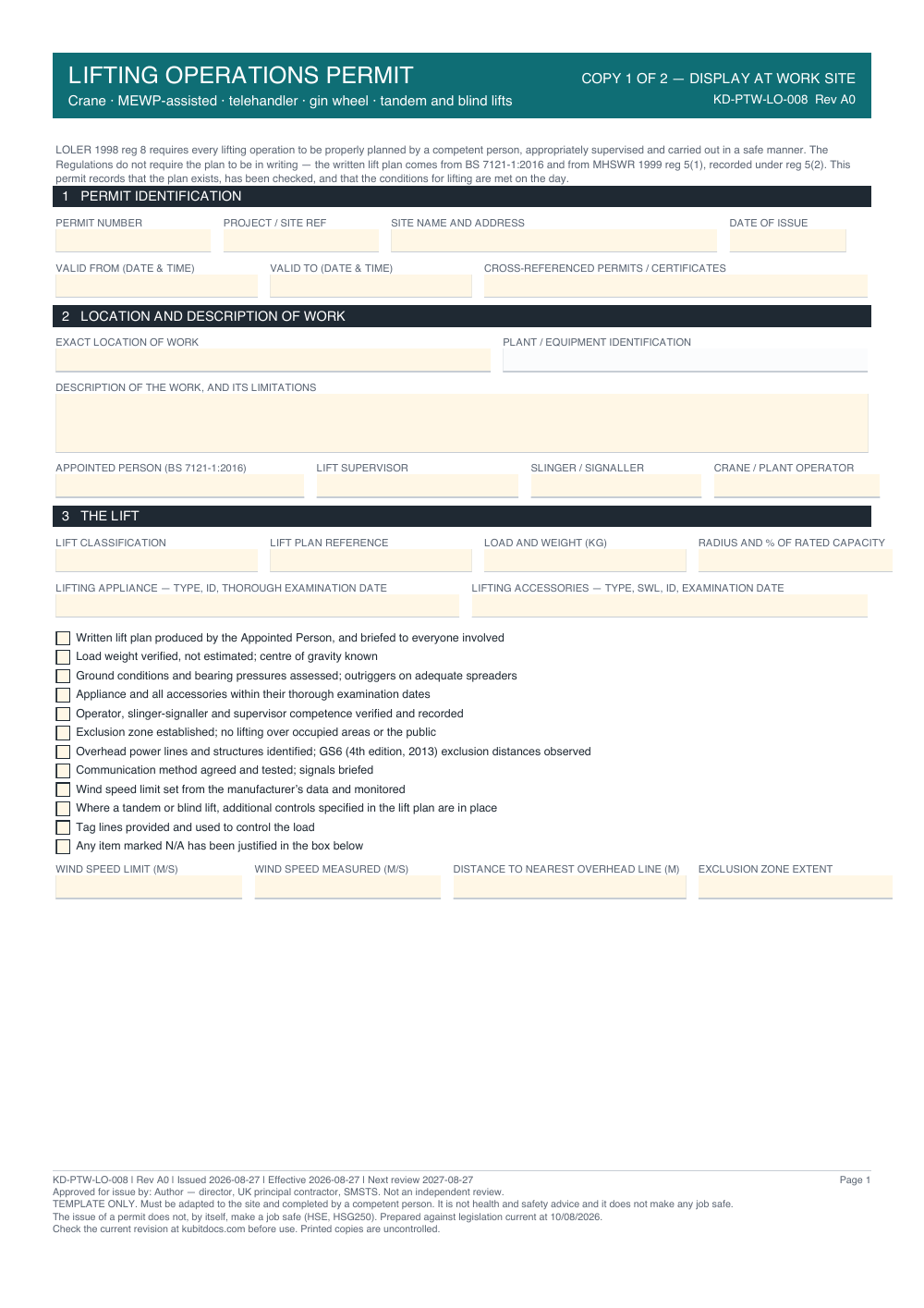 Lifting Operations Permit — page one