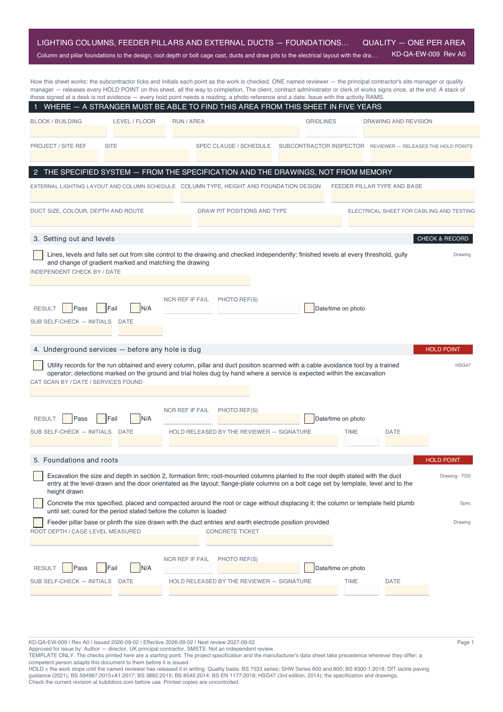 Lighting Columns, Feeder Pillars and External Ducts — Foundations, Ducts and Alignment — Quality Inspection Checklist — page one