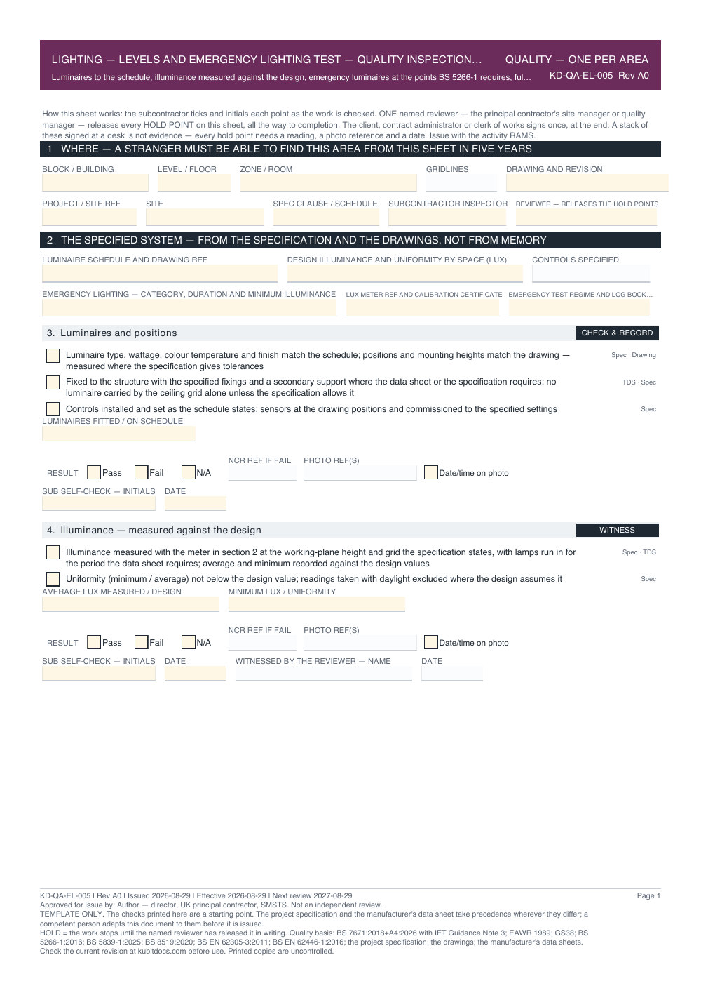 Lighting — Levels and Emergency Lighting Test — Quality Inspection Checklist — page one