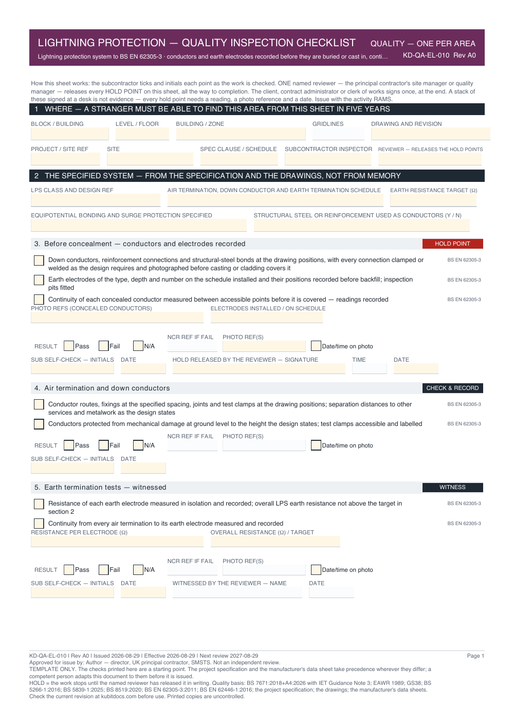 Lightning Protection — Quality Inspection Checklist — page one