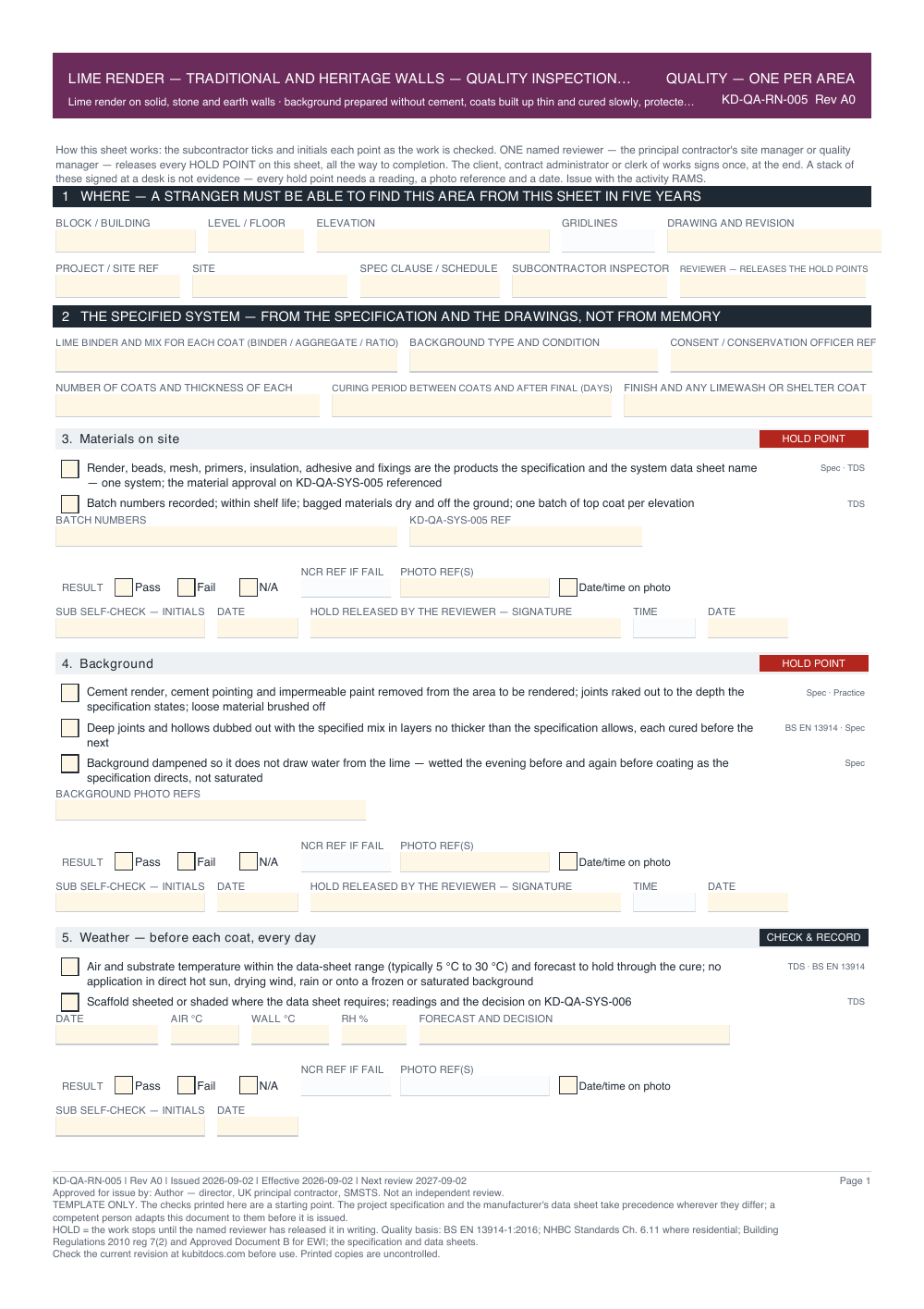 Lime Render — Traditional and Heritage Walls — Quality Inspection Checklist — page one