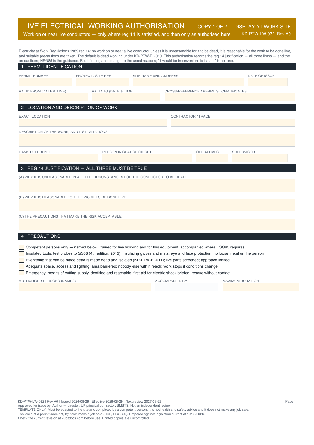 Live Electrical Working Authorisation — page one