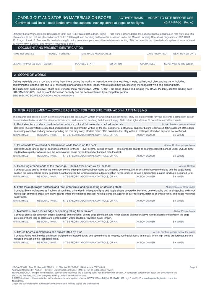 Loading Out and Storing Materials on Roofs — page one