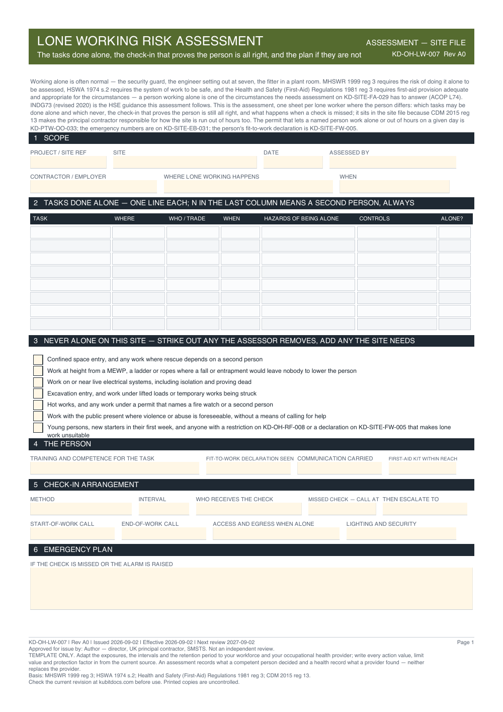Lone Working Risk Assessment — page one