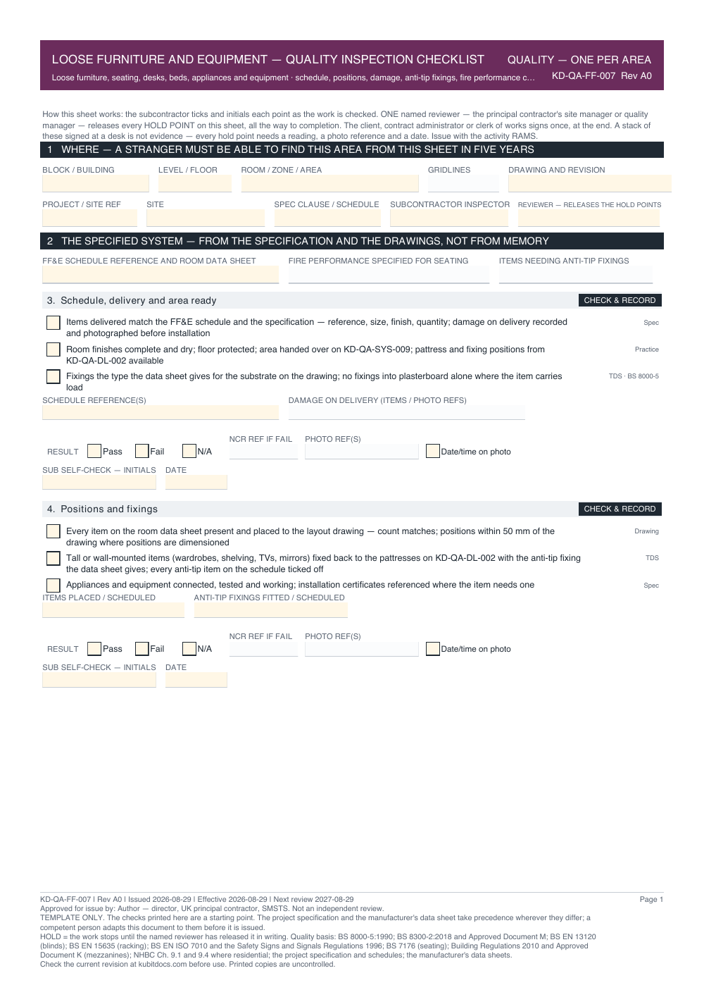 Loose Furniture and Equipment — Quality Inspection Checklist — page one