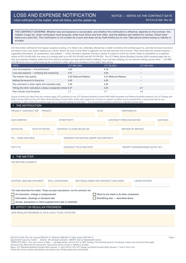 Loss and Expense Notification — page one