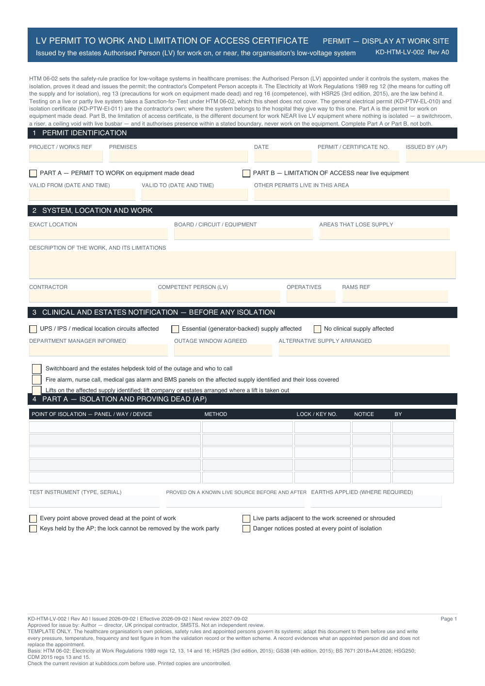 LV Permit to Work and Limitation of Access Certificate — page one