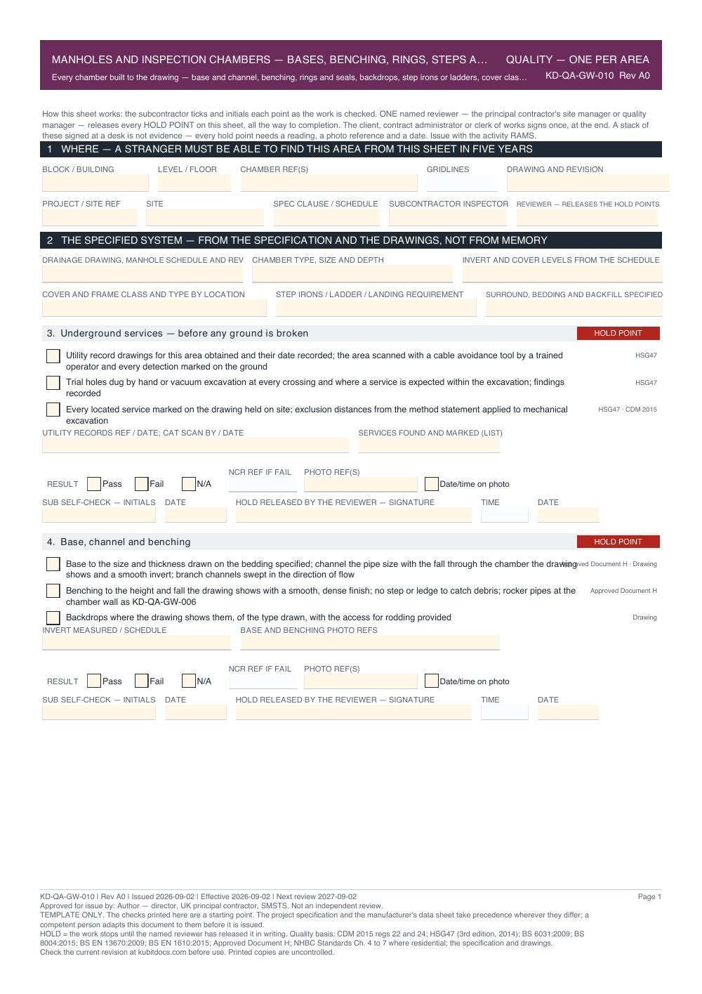 Manholes and Inspection Chambers — Bases, Benching, Rings, Steps and Covers — Quality Inspection Checklist — page one