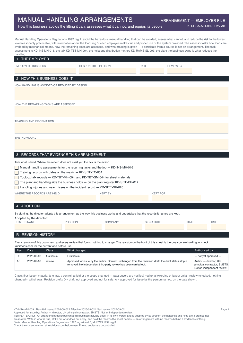 Manual Handling Arrangements — page one