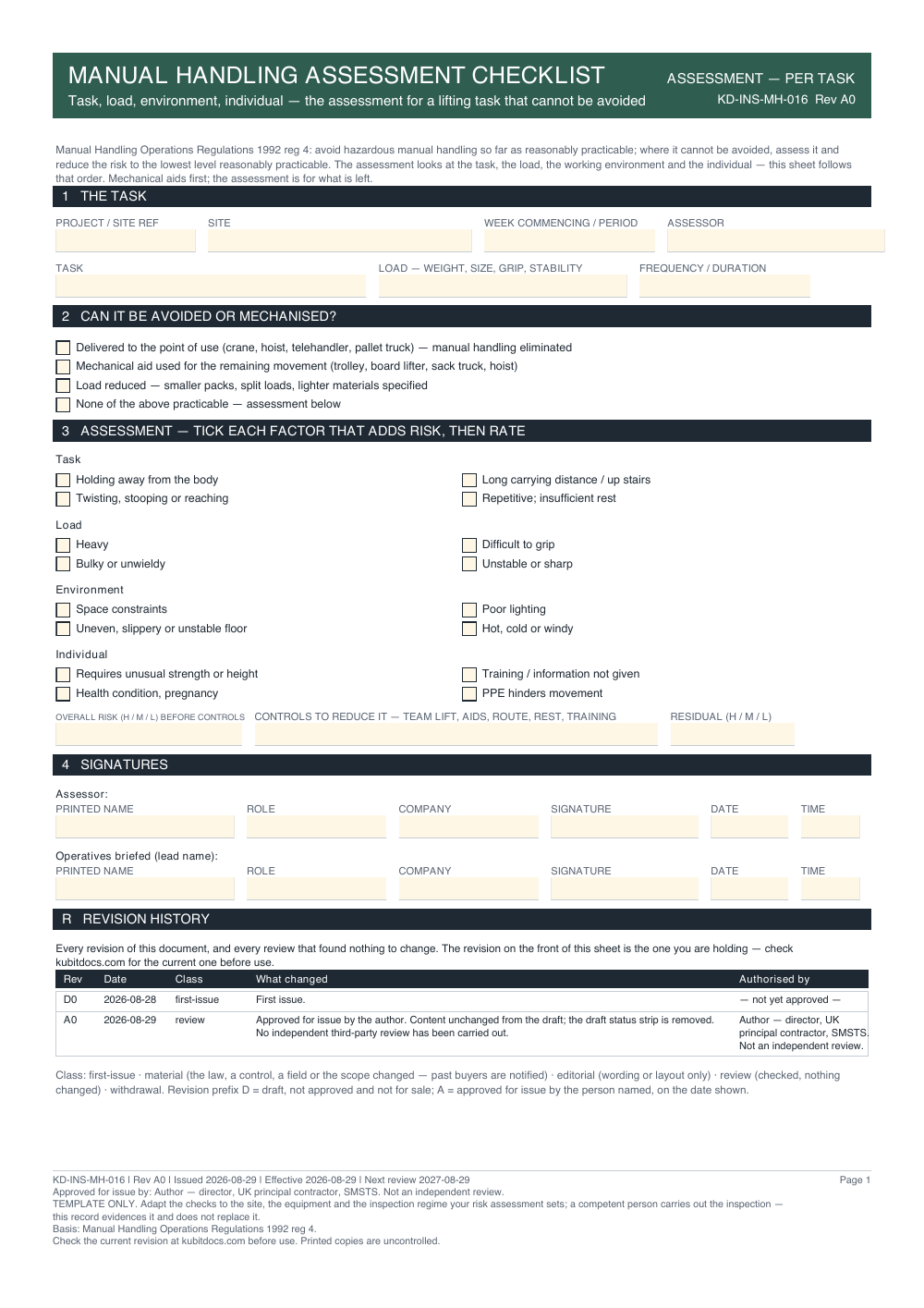 Manual Handling Assessment Checklist — page one