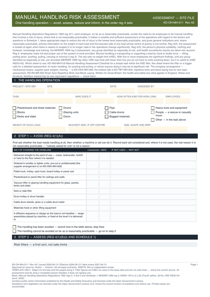 Manual Handling Risk Assessment — page one