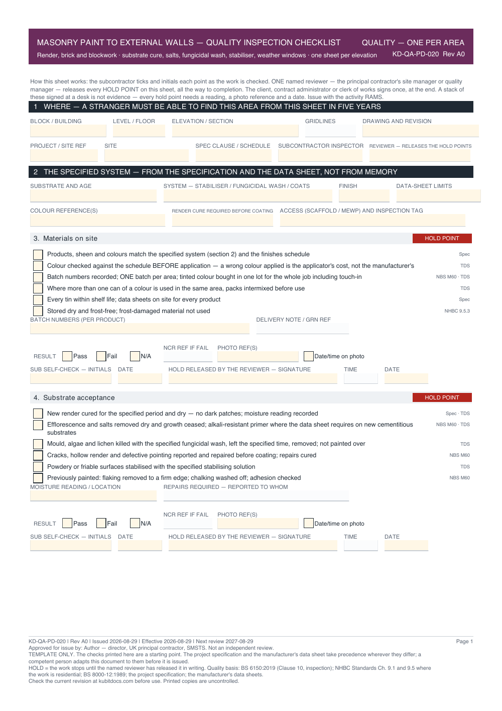 Masonry Paint to External Walls — Quality Inspection Checklist — page one