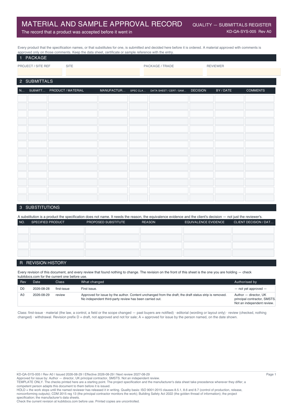Material and Sample Approval Record — page one