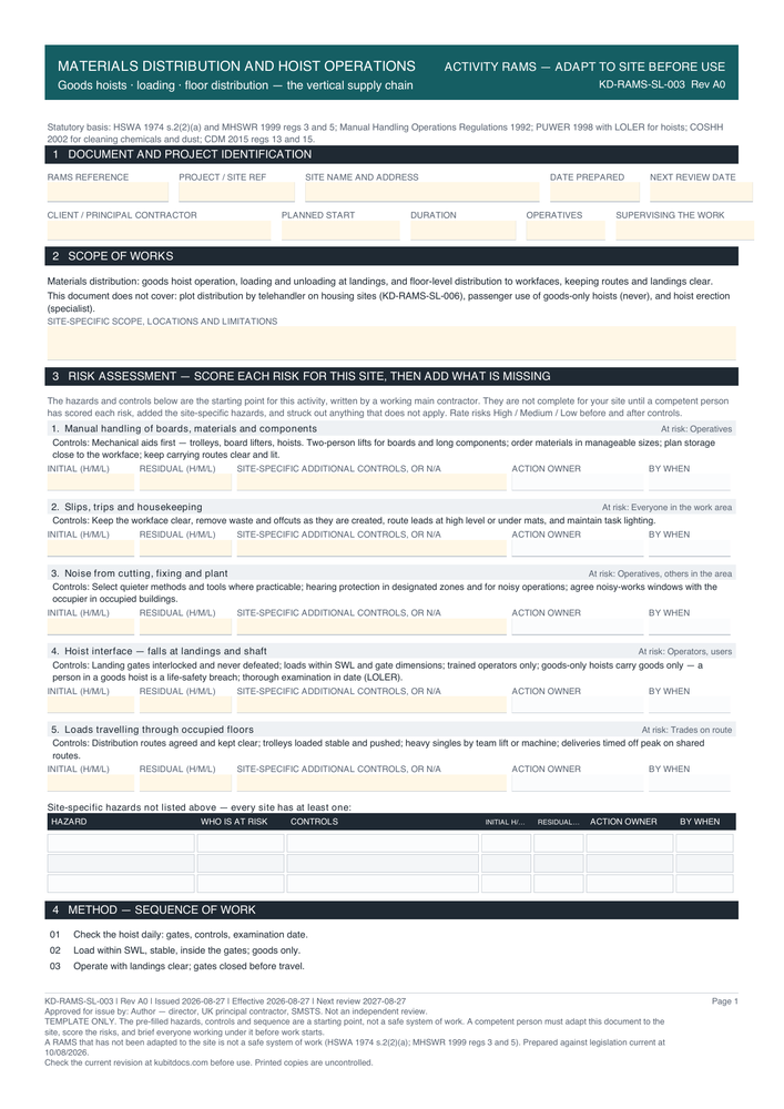 Materials Distribution and Hoist Operations — page one