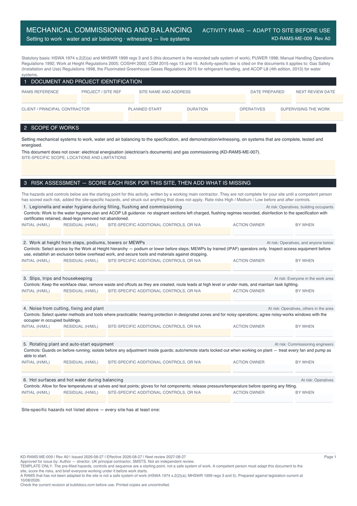 Mechanical Commissioning and Balancing — page one