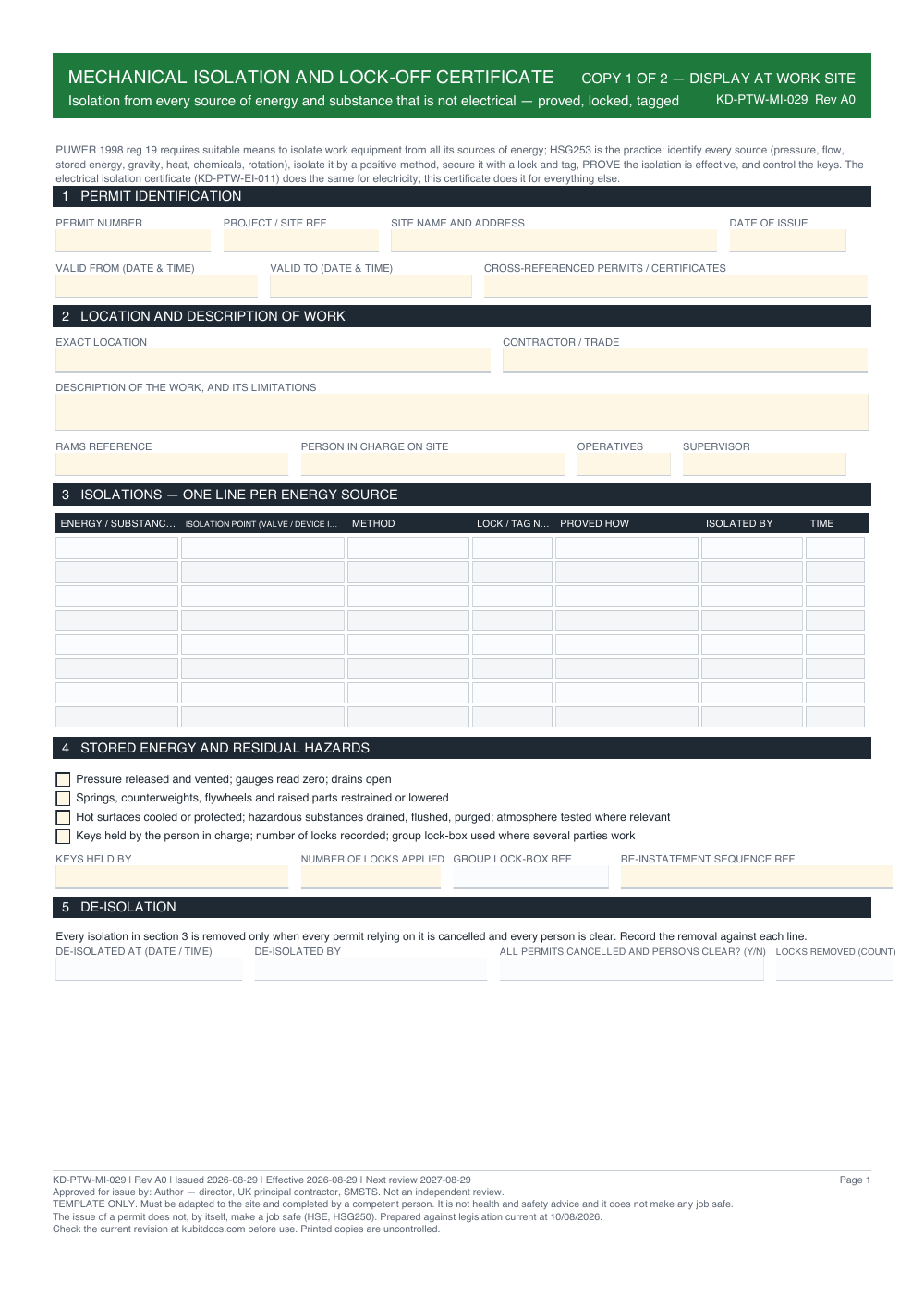 Mechanical Isolation and Lock-Off Certificate — page one