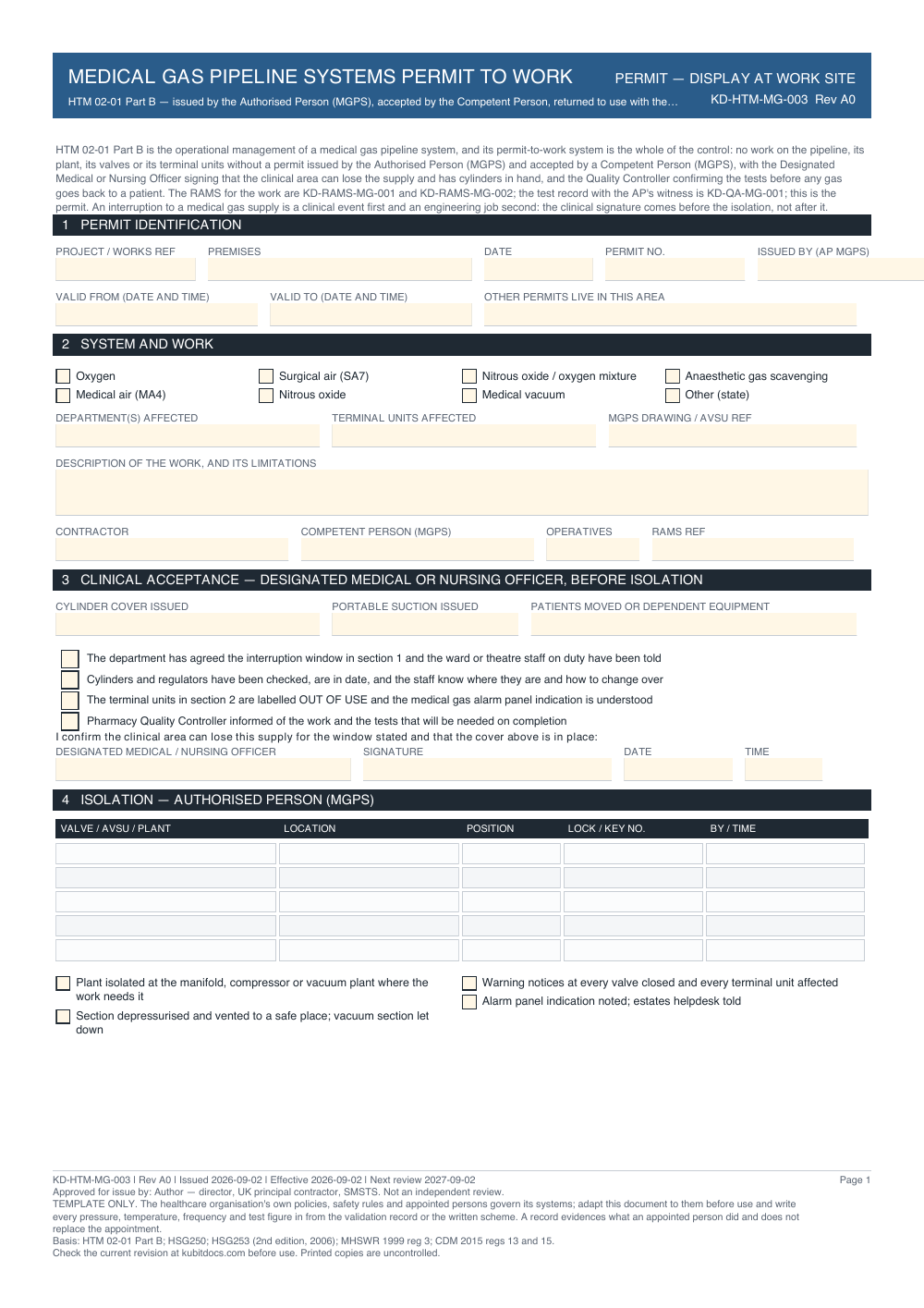 Medical Gas Pipeline Systems Permit to Work — page one