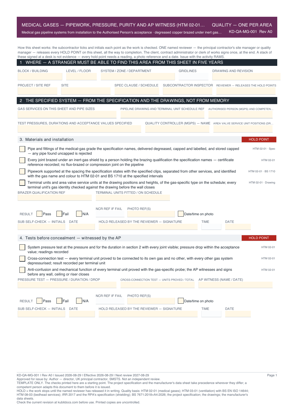 Medical Gases — Pipework, Pressure, Purity and AP Witness (HTM 02-01) — Quality Inspection Checklist — page one