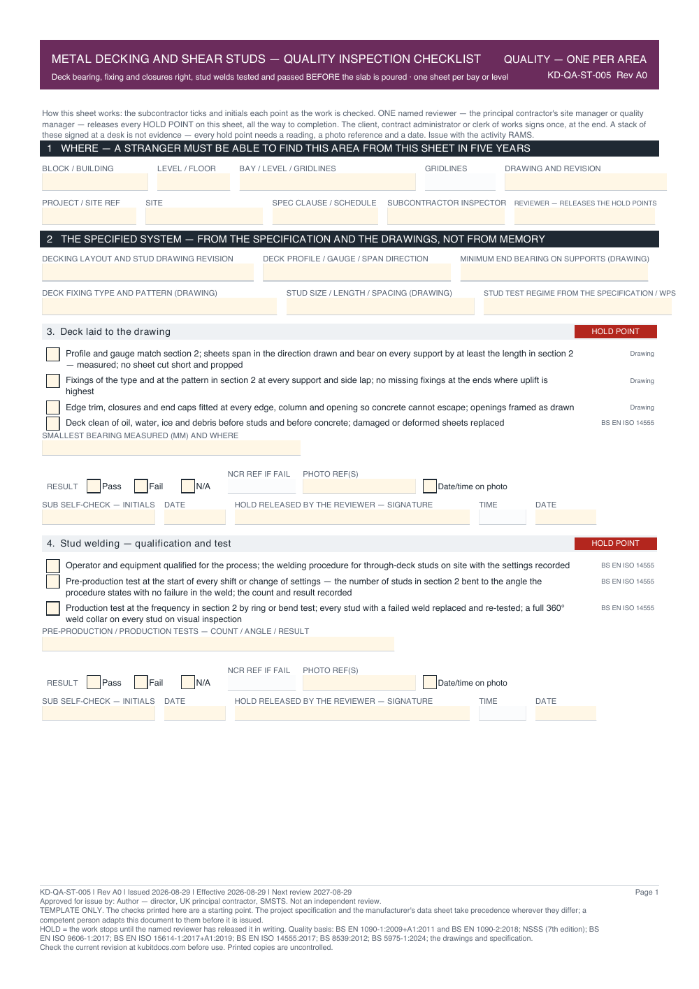 Metal Decking and Shear Studs — Quality Inspection Checklist — page one