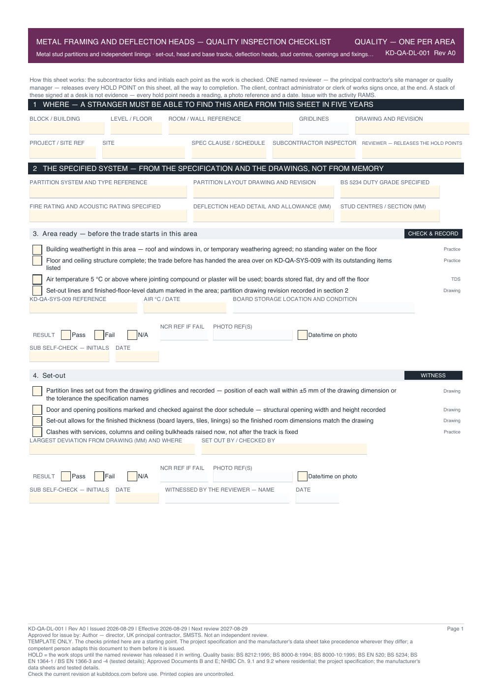 Metal Framing and Deflection Heads — Quality Inspection Checklist — page one