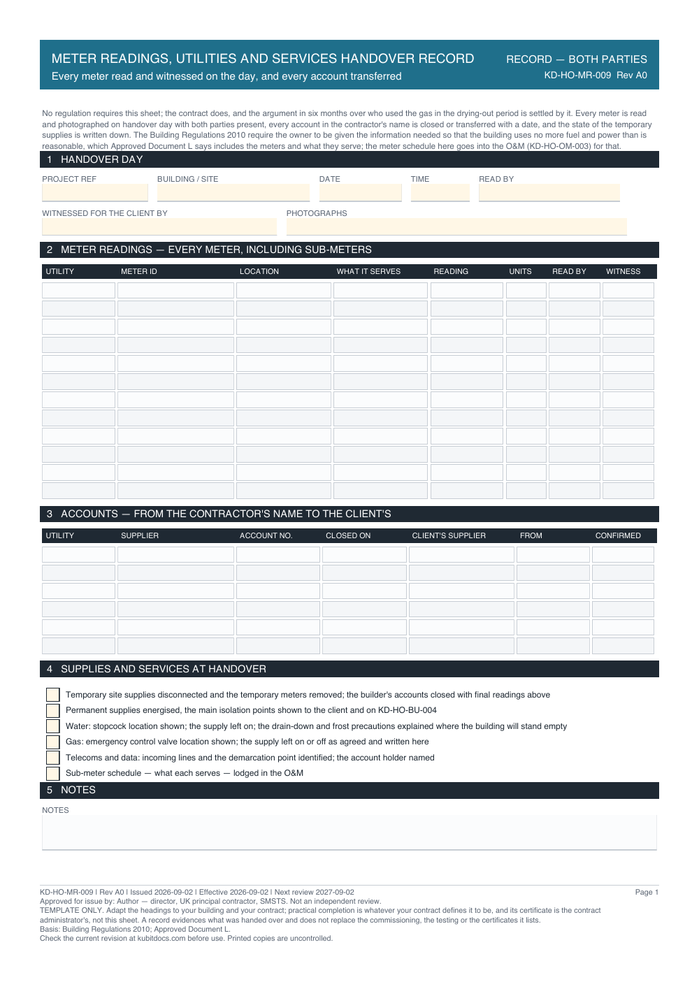 Meter Readings, Utilities and Services Handover Record — page one