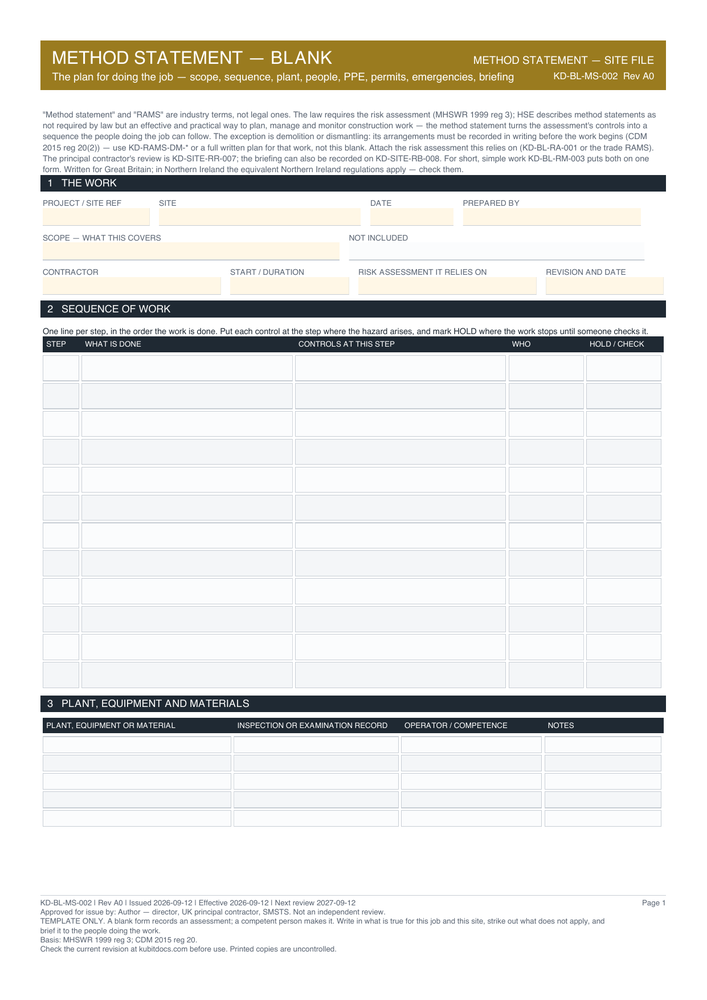 Method Statement — Blank — page one