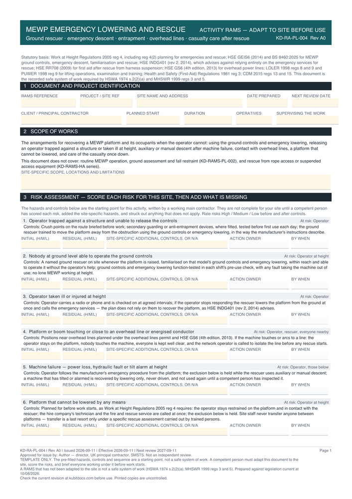 MEWP Emergency Lowering and Rescue — page one