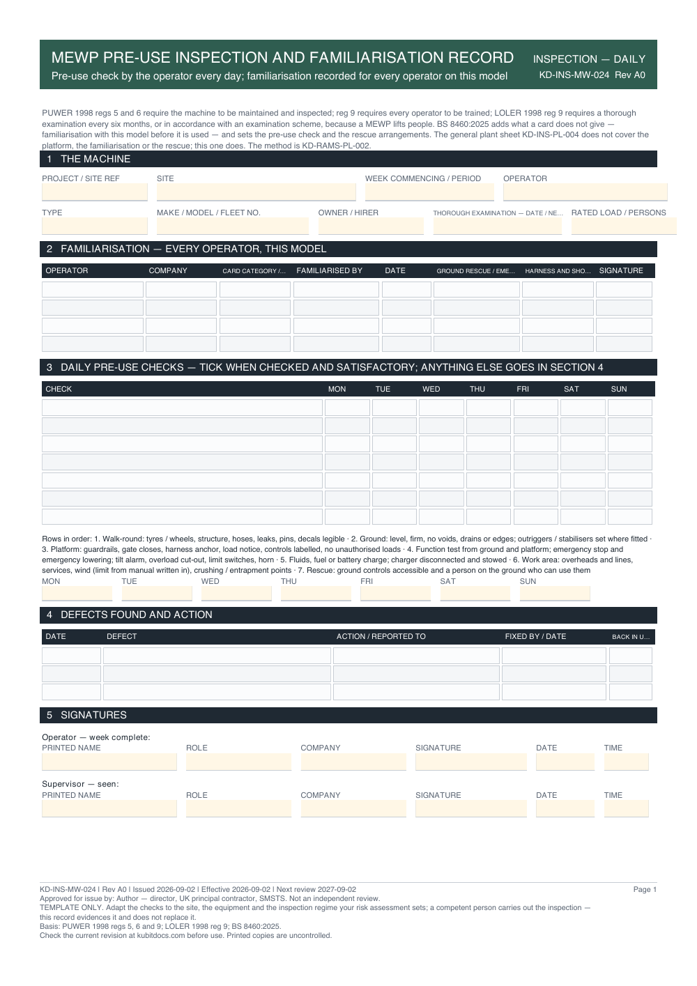 MEWP Pre-Use Inspection and Familiarisation Record — page one