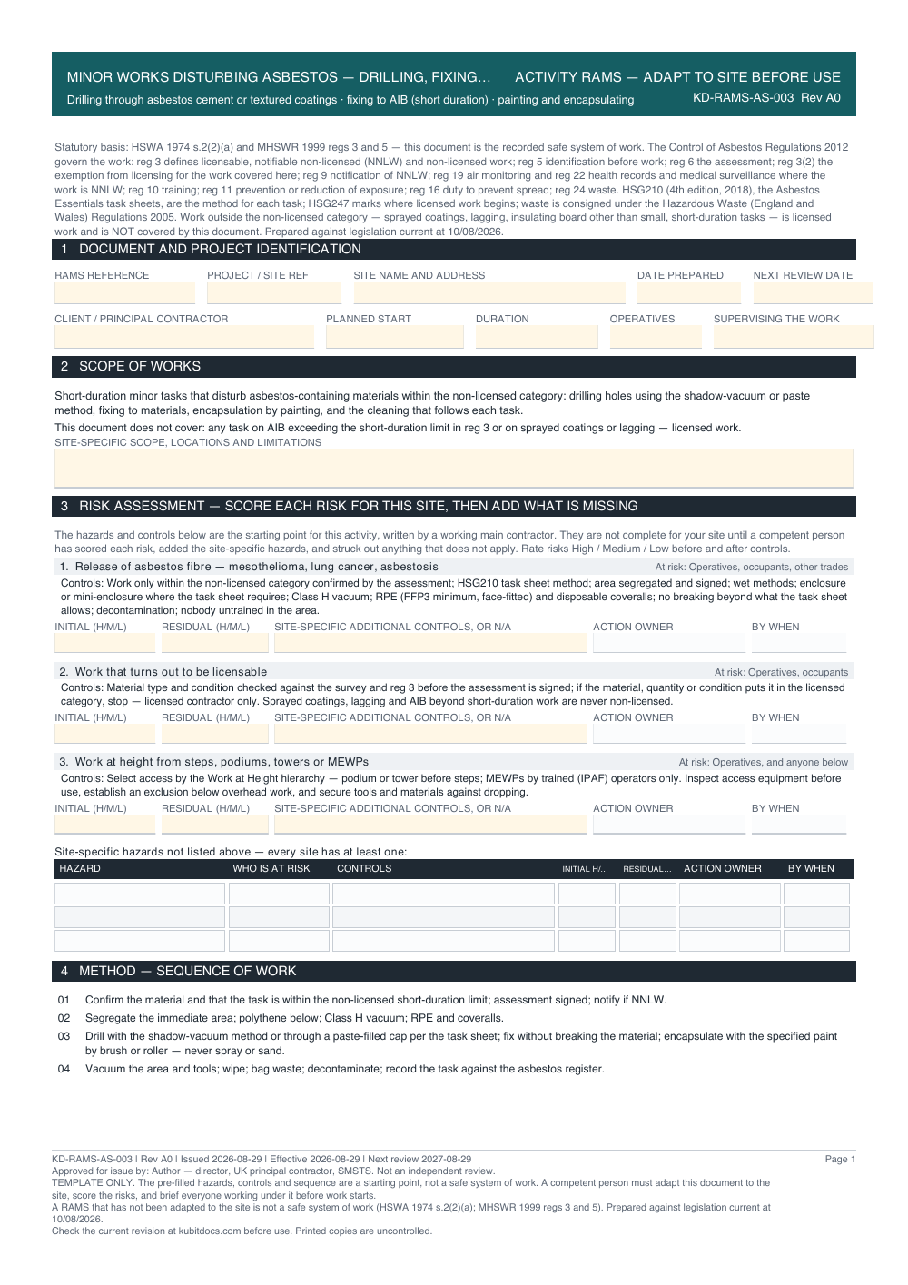 Minor Works Disturbing Asbestos — Drilling, Fixing and Encapsulation — page one