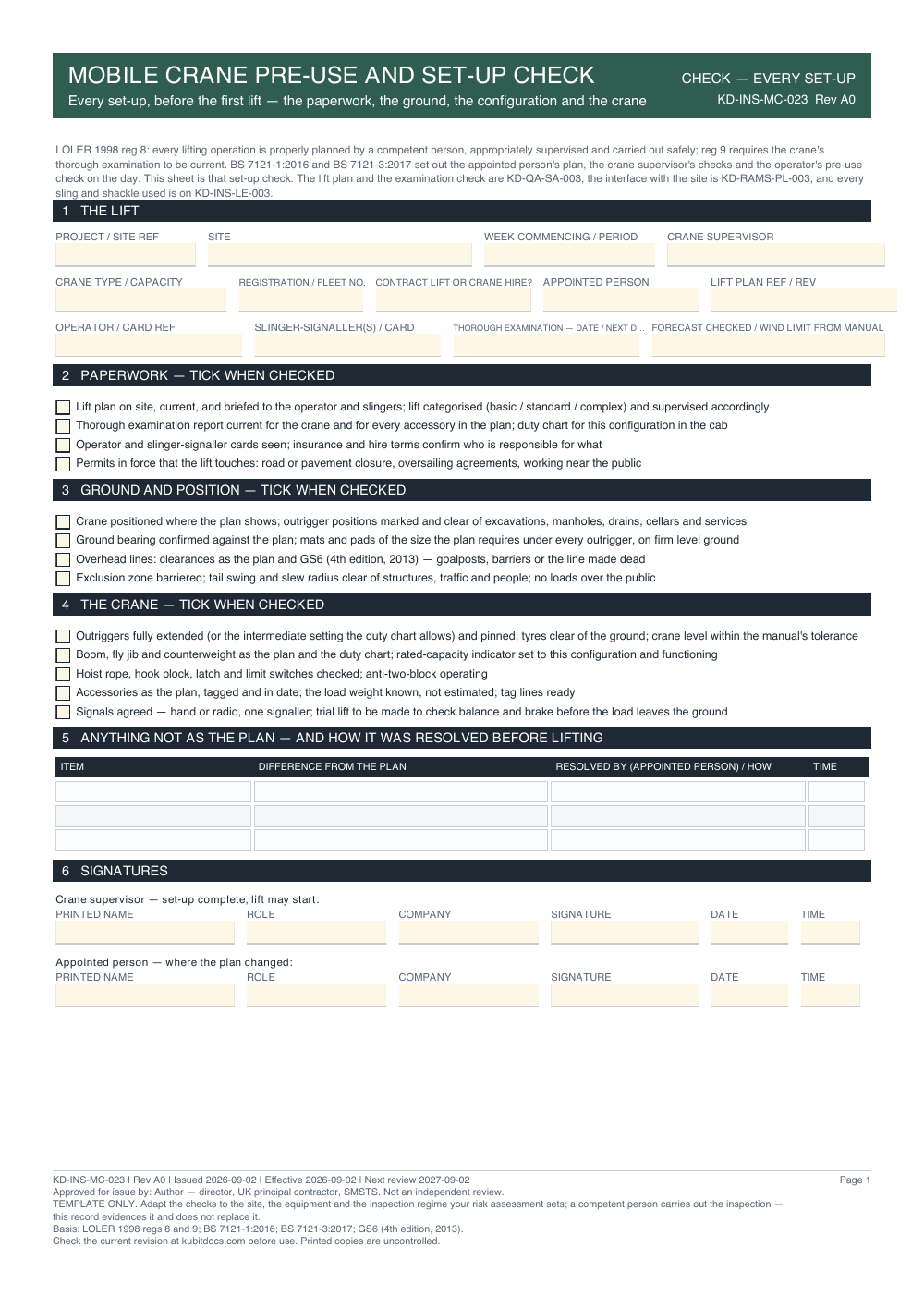 Mobile Crane Pre-Use and Set-Up Check — page one