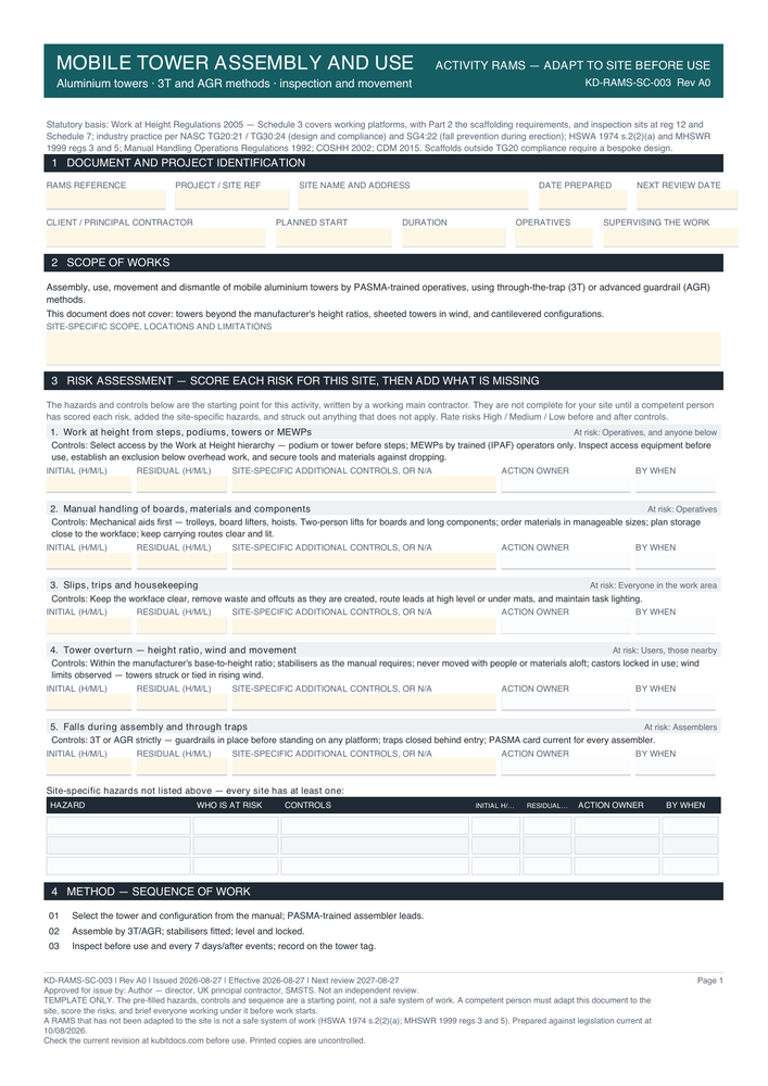 Mobile Tower Assembly and Use — page one