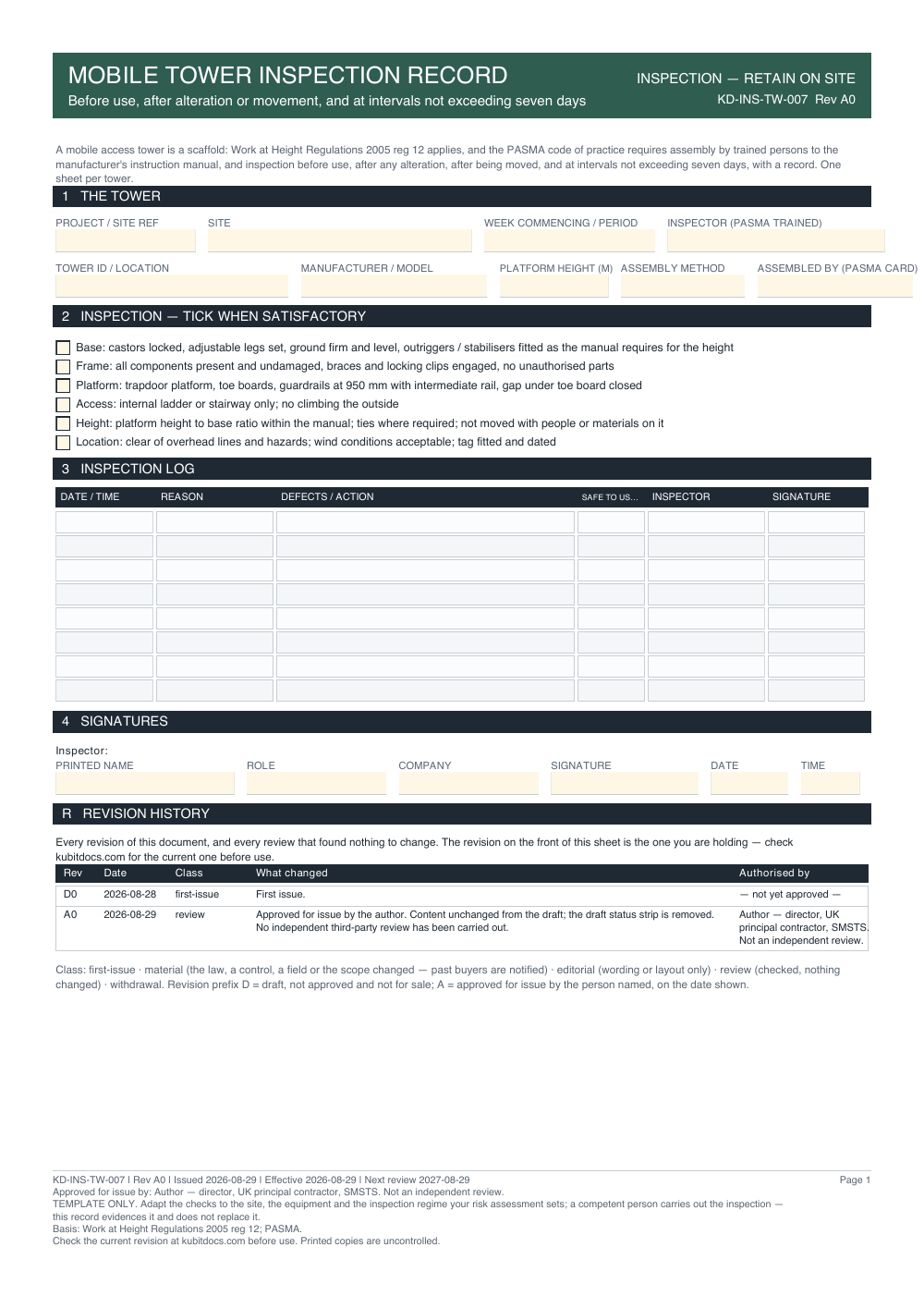 Mobile Tower Inspection Record — page one