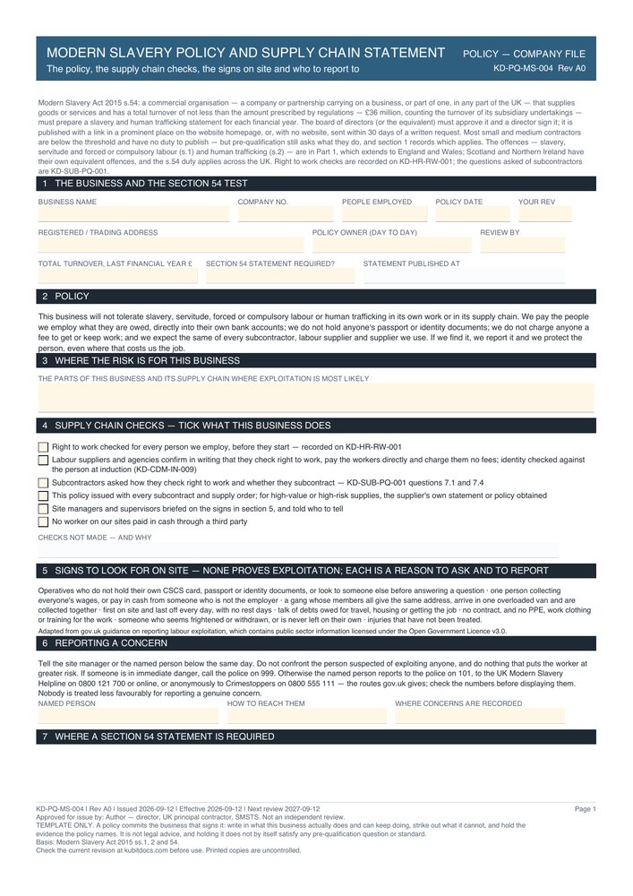 Modern Slavery Policy and Supply Chain Statement — page one