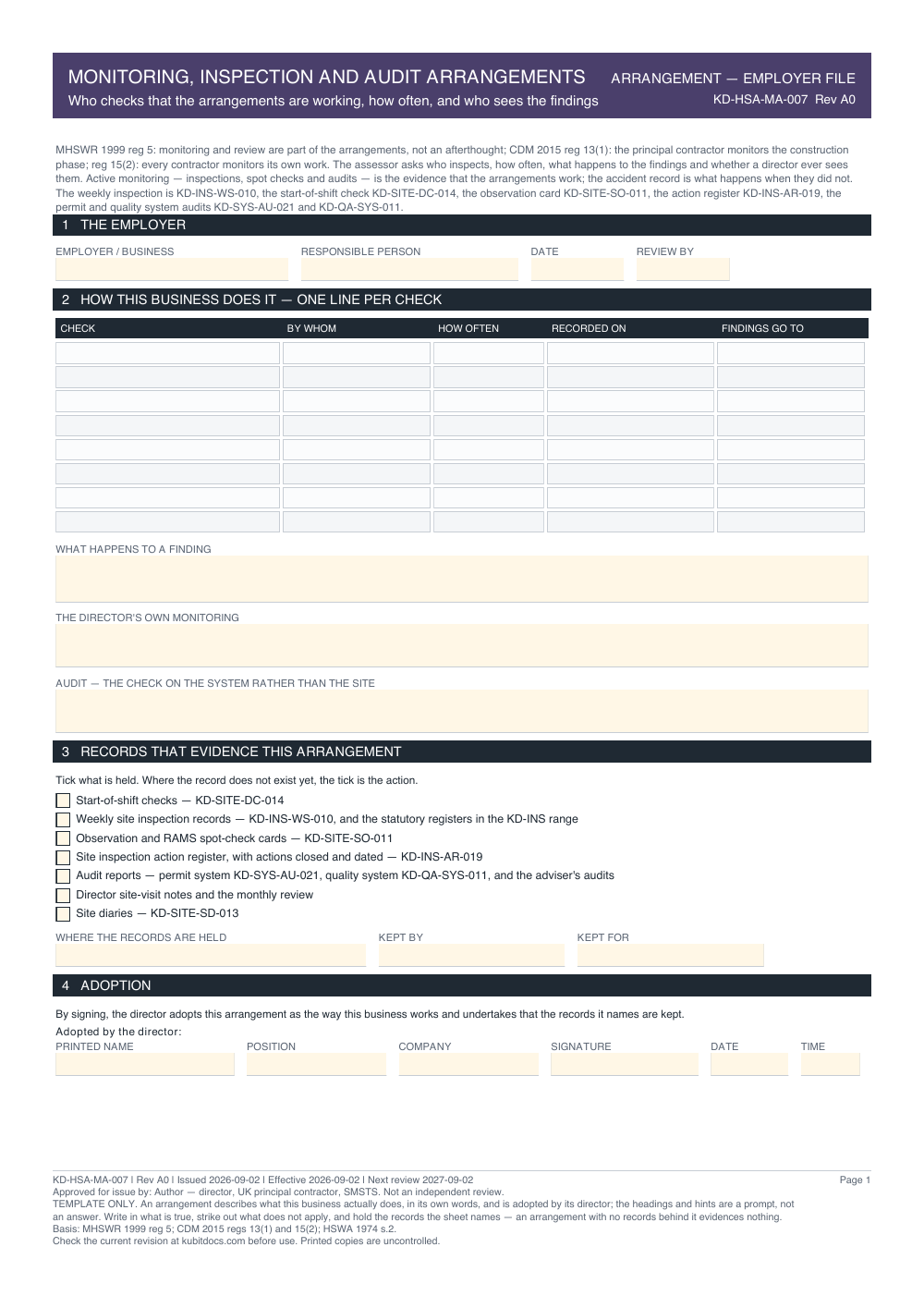 Monitoring, Inspection and Audit Arrangements — page one