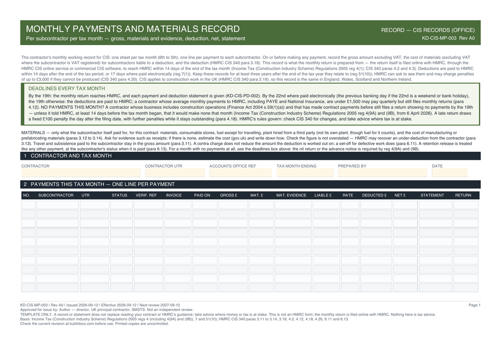 Monthly Payments and Materials Record — page one