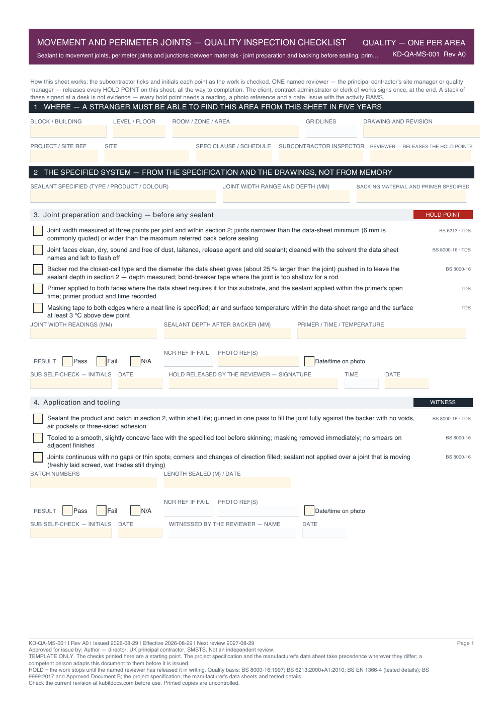 Movement and Perimeter Joints — Quality Inspection Checklist — page one