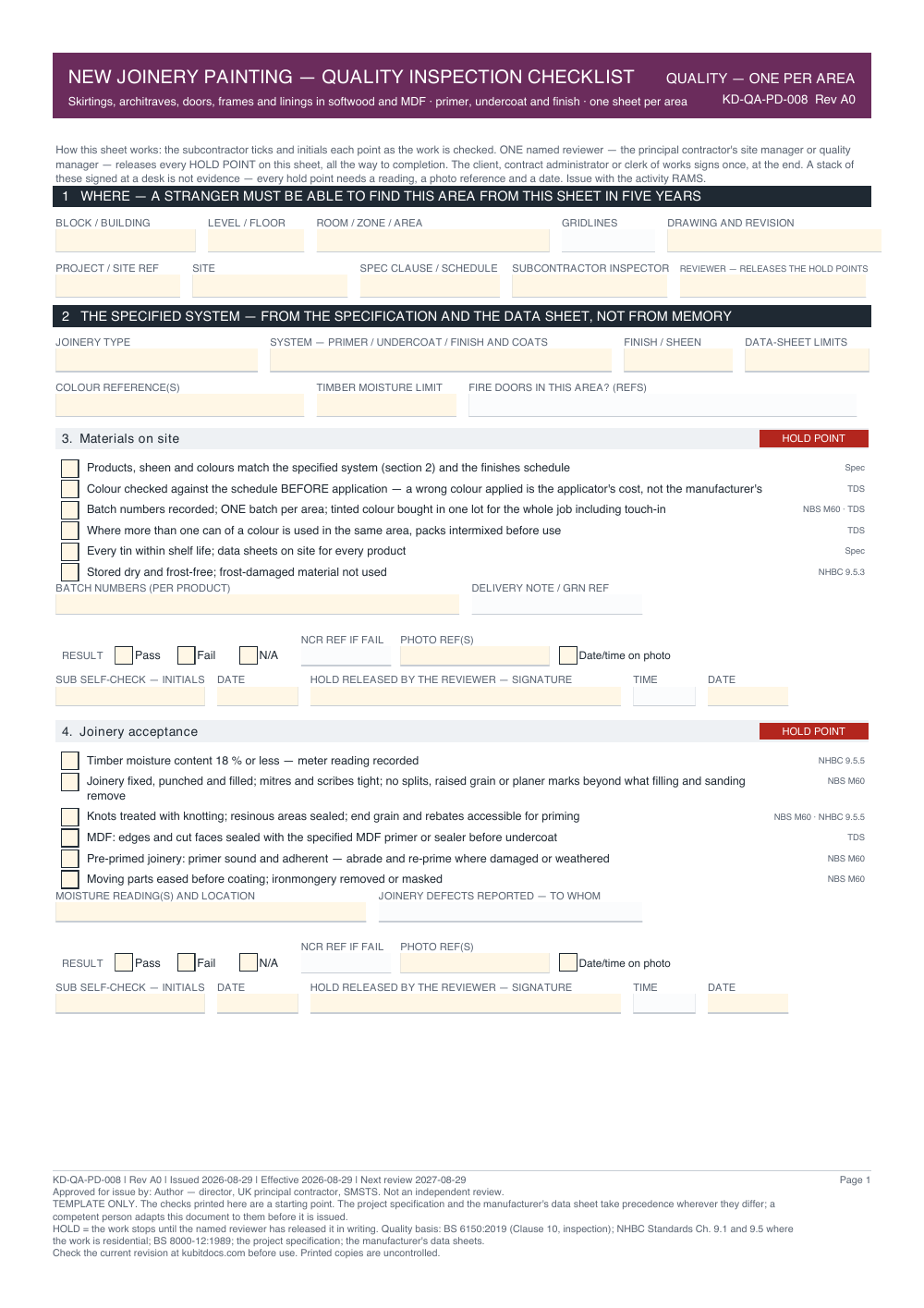 New Joinery Painting — Quality Inspection Checklist — page one