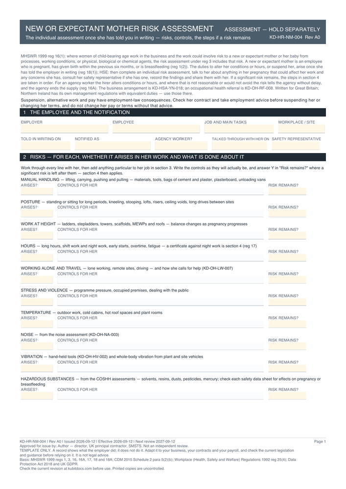 New or Expectant Mother Risk Assessment — page one