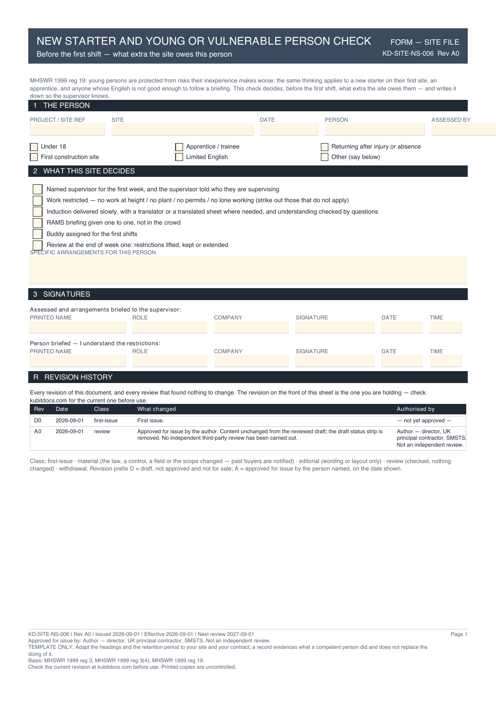 New Starter and Young or Vulnerable Person Check — page one